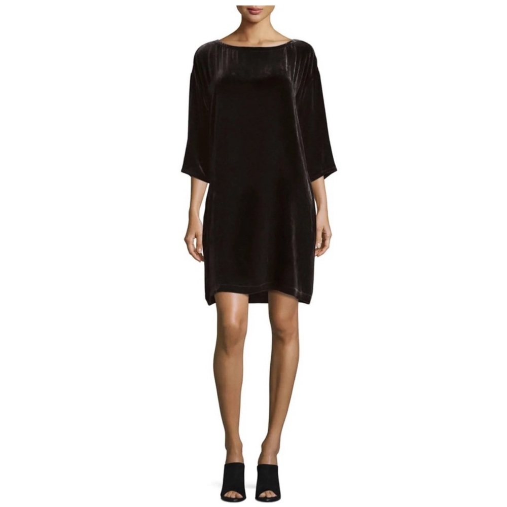 EILEEN FISHER Black Velvet Silk Blend Bateau Neck Short Dress Shift Size L NWT